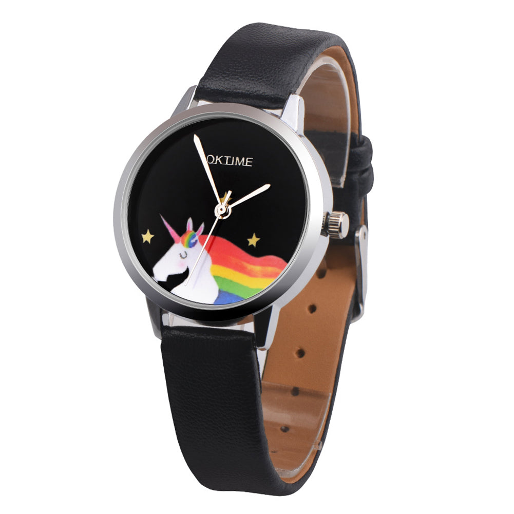 Girls Casual Cartoon Unicorn Faux Leather Quartz Student Children Wrist Watch