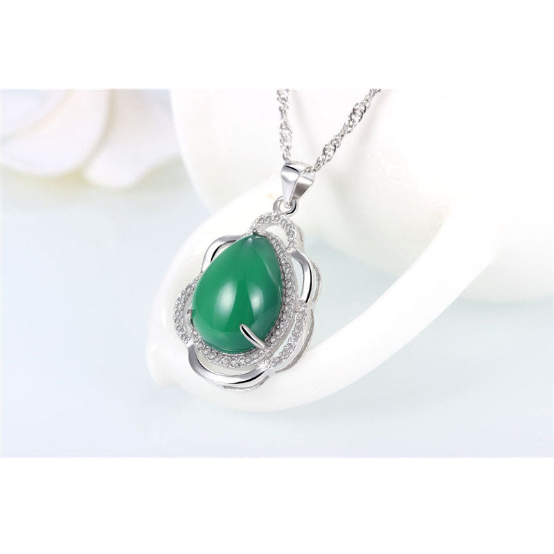 DZ07 Natural Chrysoprase Pendant 925 Sterling Silver Zircon Flower Shape Frame Fashion Grace Women’s Jewelry
