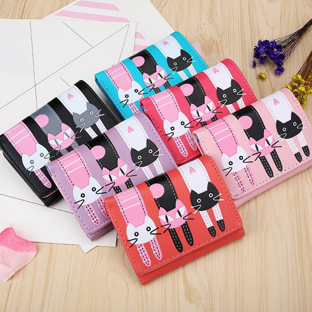 Women's Lovely Cartoon Cat Pattern Coin Purse Card Holder Trifold Short Wallet