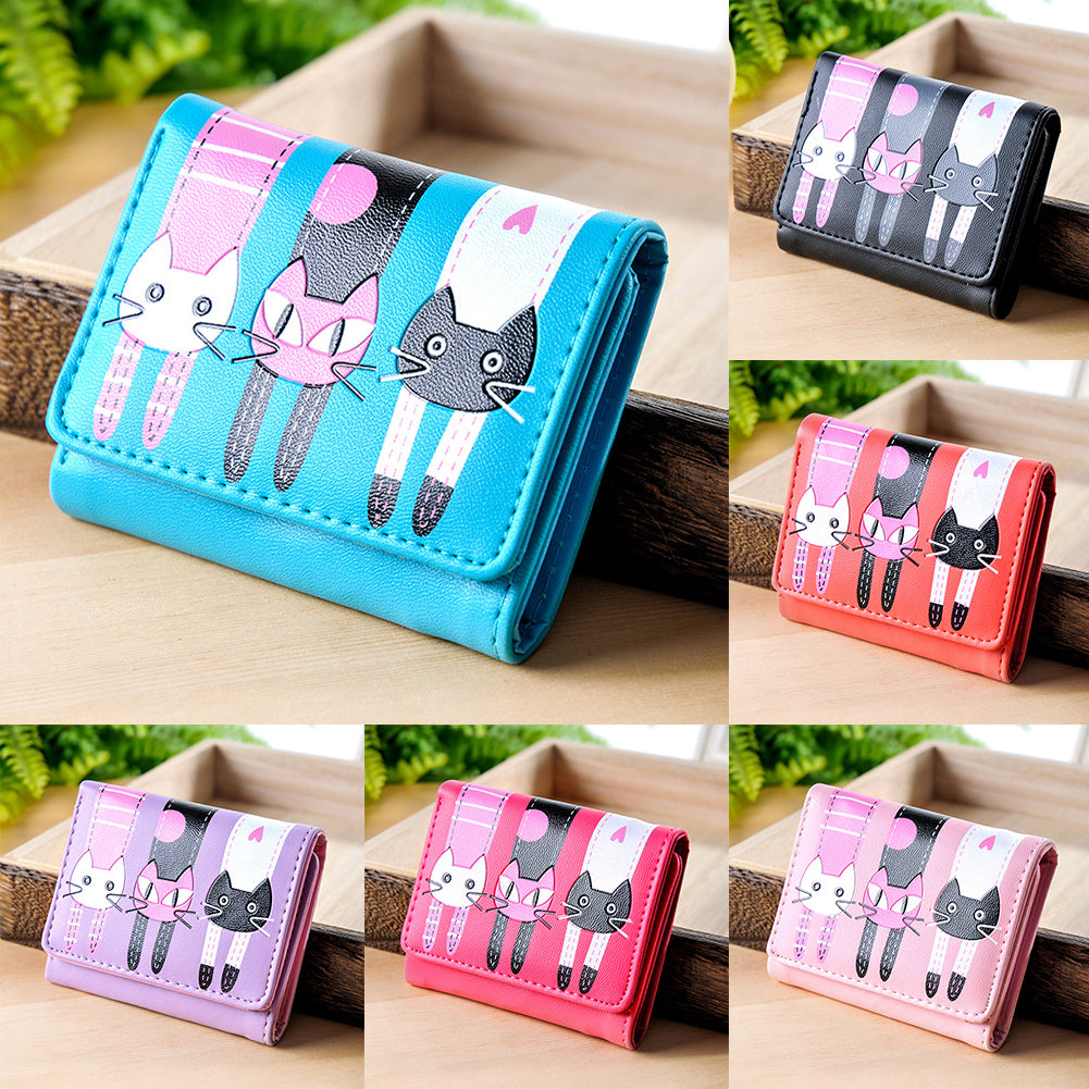 Women's Lovely Cartoon Cat Pattern Coin Purse Card Holder Trifold Short Wallet