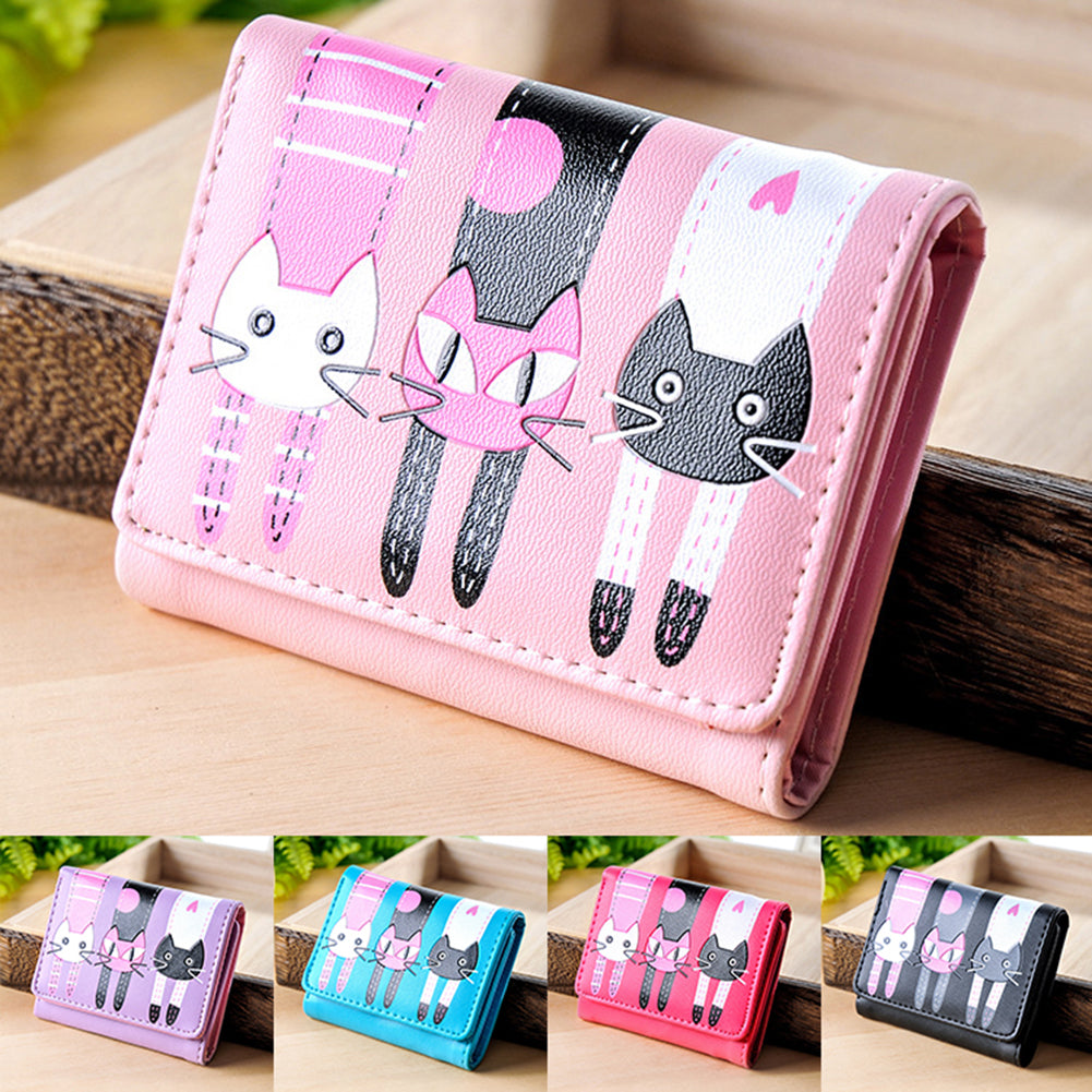 Women's Lovely Cartoon Cat Pattern Coin Purse Card Holder Trifold Short Wallet