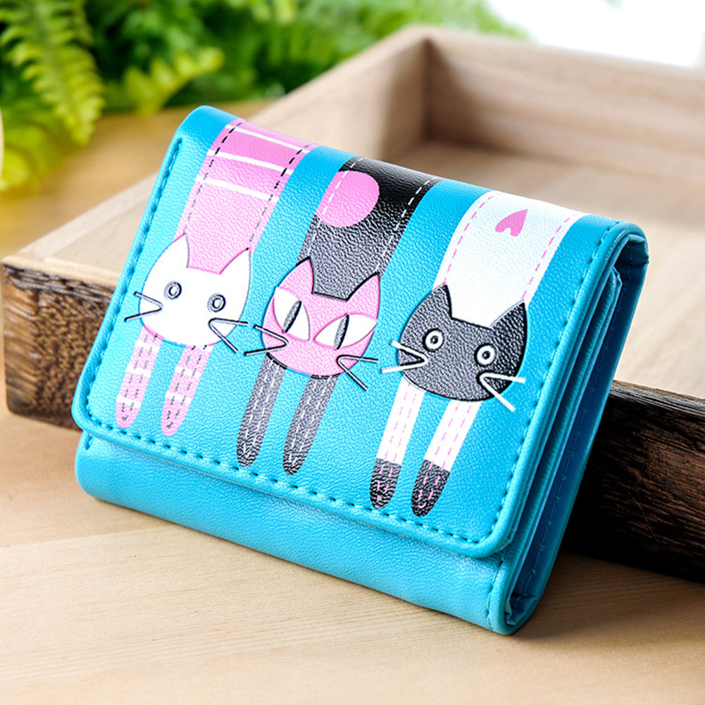 Women's Lovely Cartoon Cat Pattern Coin Purse Card Holder Trifold Short Wallet