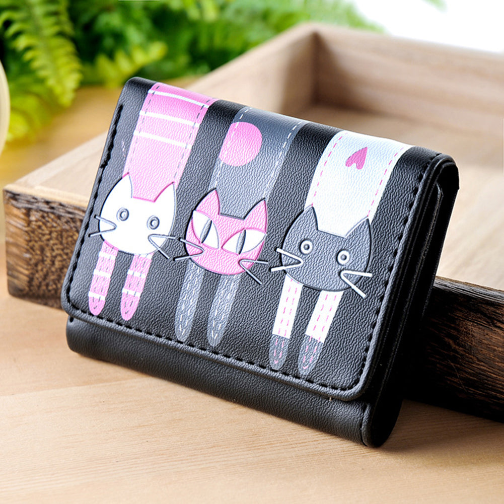 Women's Lovely Cartoon Cat Pattern Coin Purse Card Holder Trifold Short Wallet