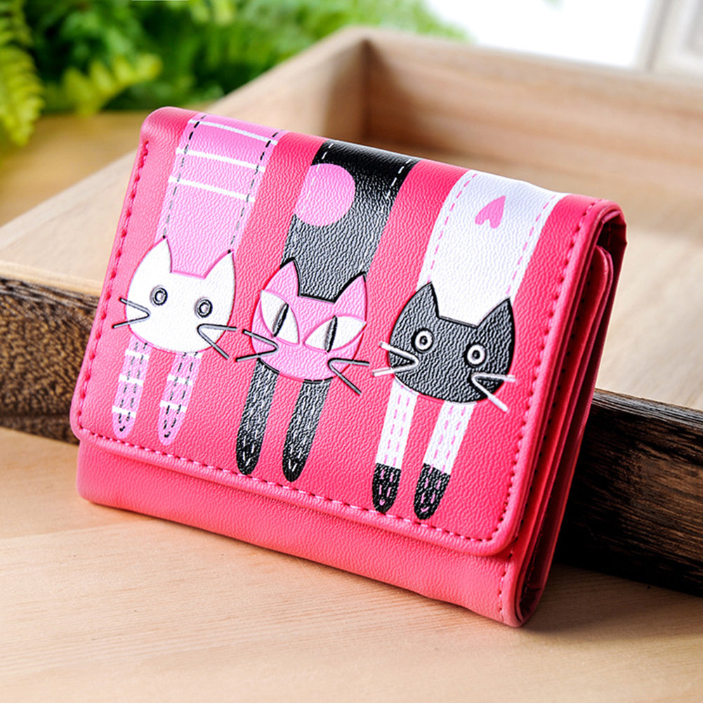 Women's Lovely Cartoon Cat Pattern Coin Purse Card Holder Trifold Short Wallet