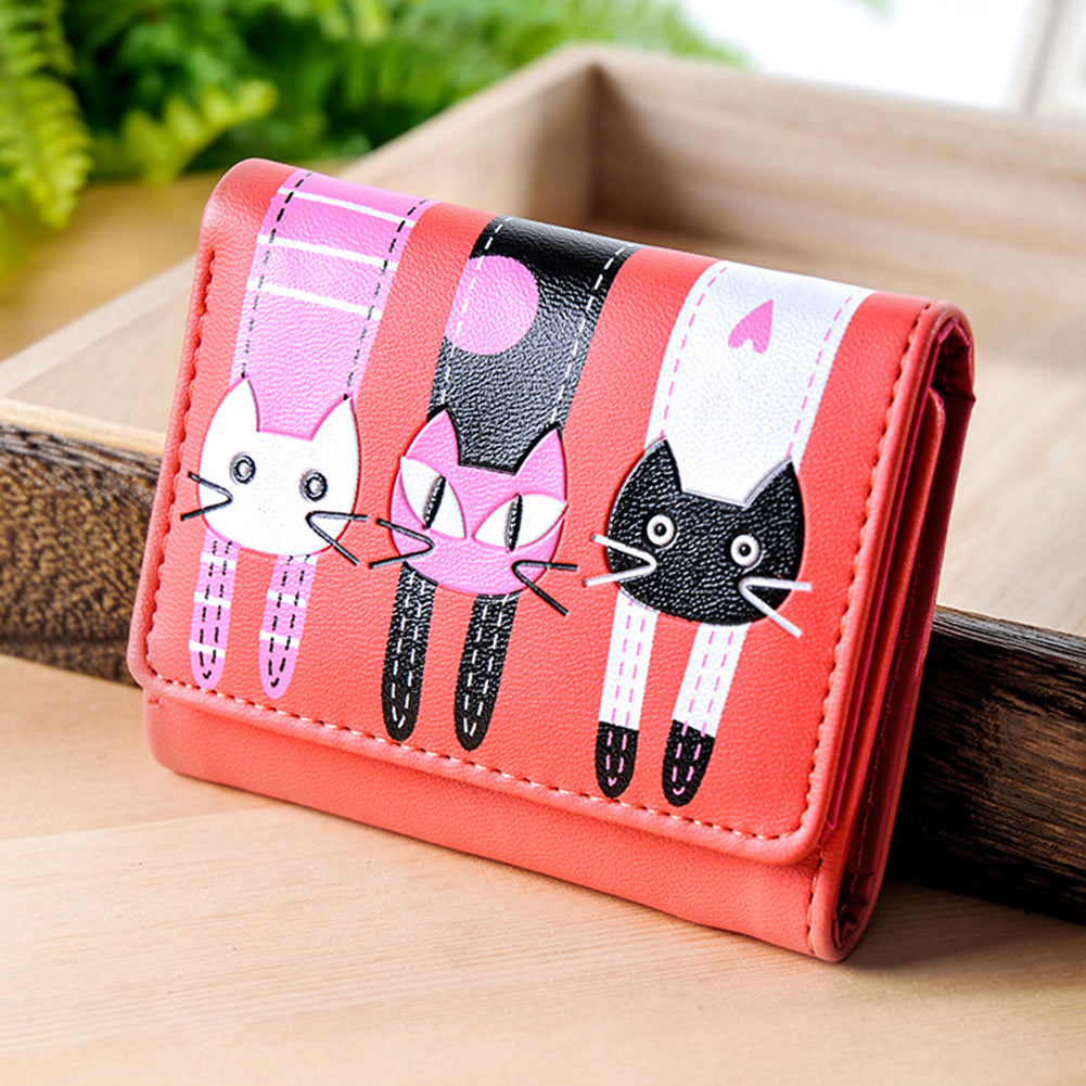 Women's Lovely Cartoon Cat Pattern Coin Purse Card Holder Trifold Short Wallet