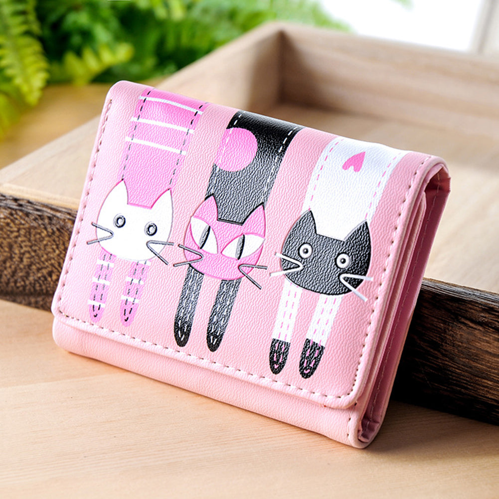 Women's Lovely Cartoon Cat Pattern Coin Purse Card Holder Trifold Short Wallet