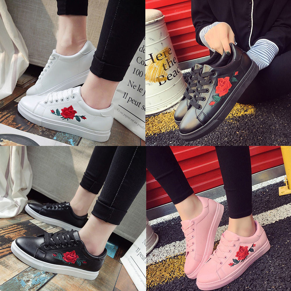 Fashion Girls Breathable Running Sport Shoes Casual Embroidered Lace Up Sneakers