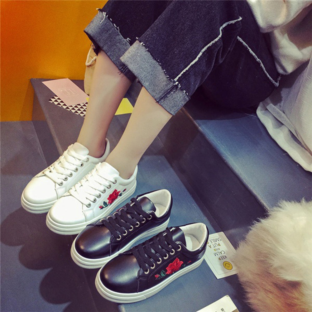 Fashion Girls Breathable Running Sport Shoes Casual Embroidered Lace Up Sneakers