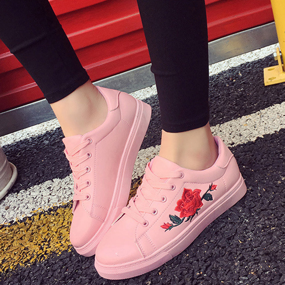 Fashion Girls Breathable Running Sport Shoes Casual Embroidered Lace Up Sneakers