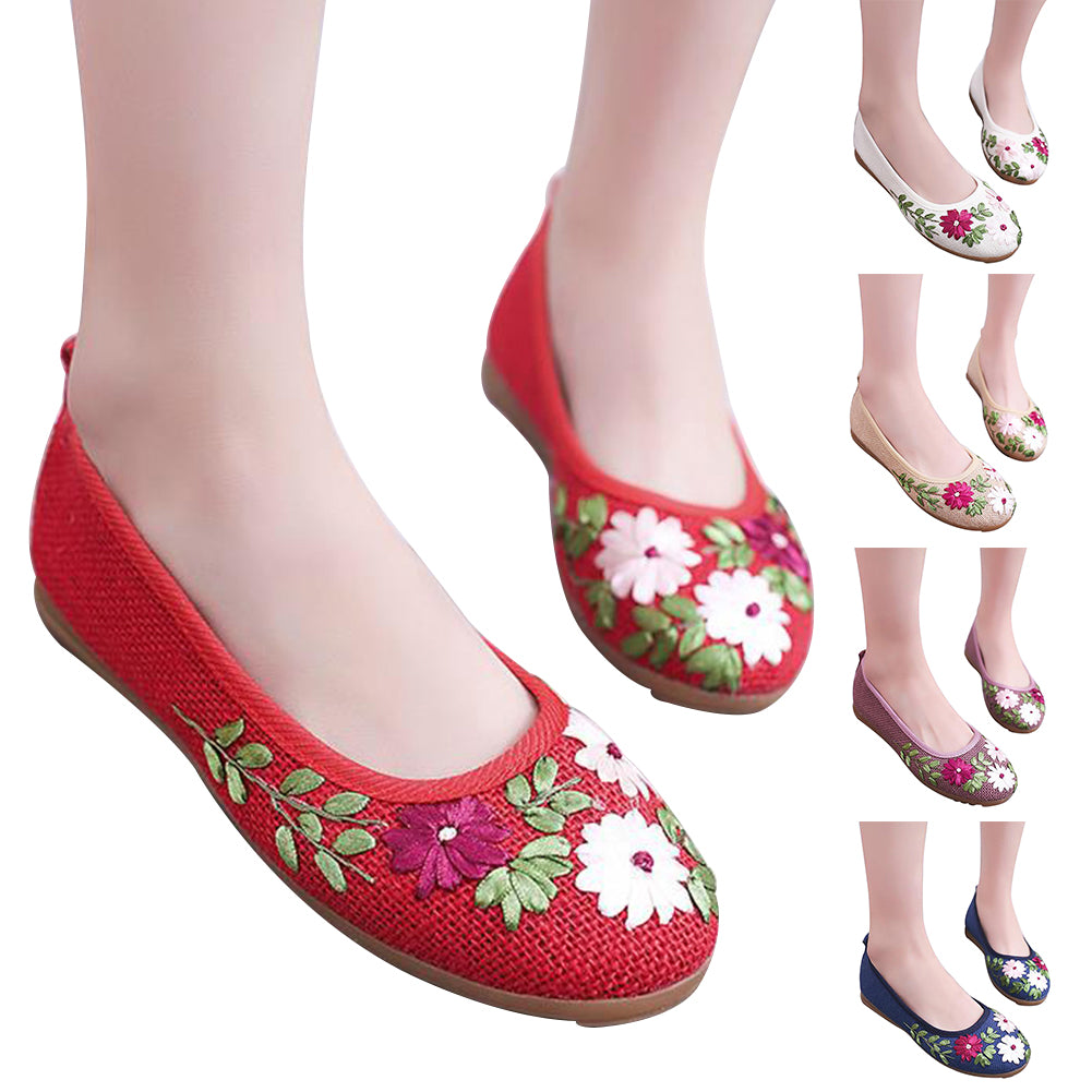 Women's Ethnic Embroidered Flower Soft Leisure Flats Heel Dancing Walking Shoes