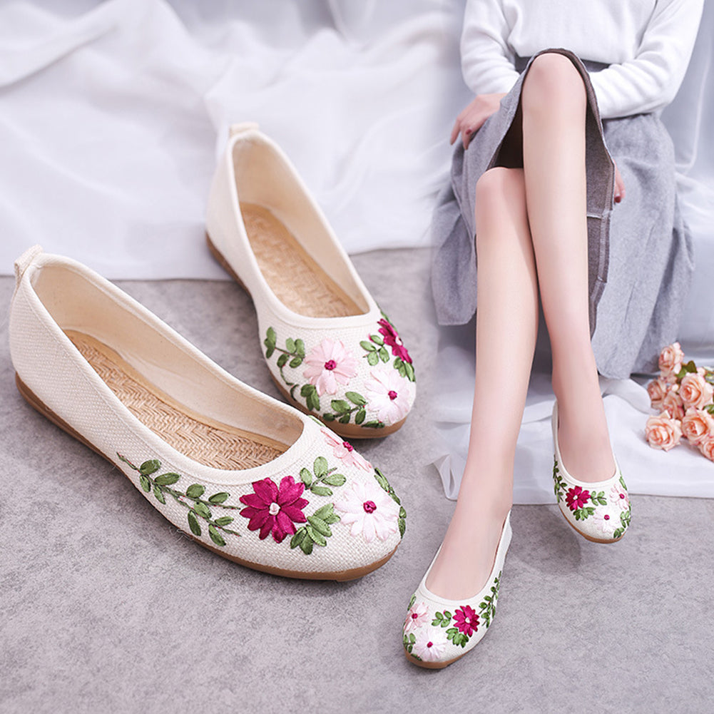 Women's Ethnic Embroidered Flower Soft Leisure Flats Heel Dancing Walking Shoes