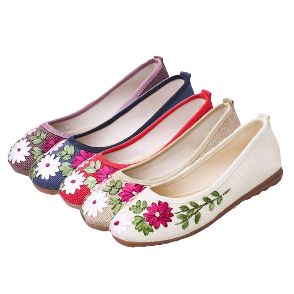 Women's Ethnic Embroidered Flower Soft Leisure Flats Heel Dancing Walking Shoes