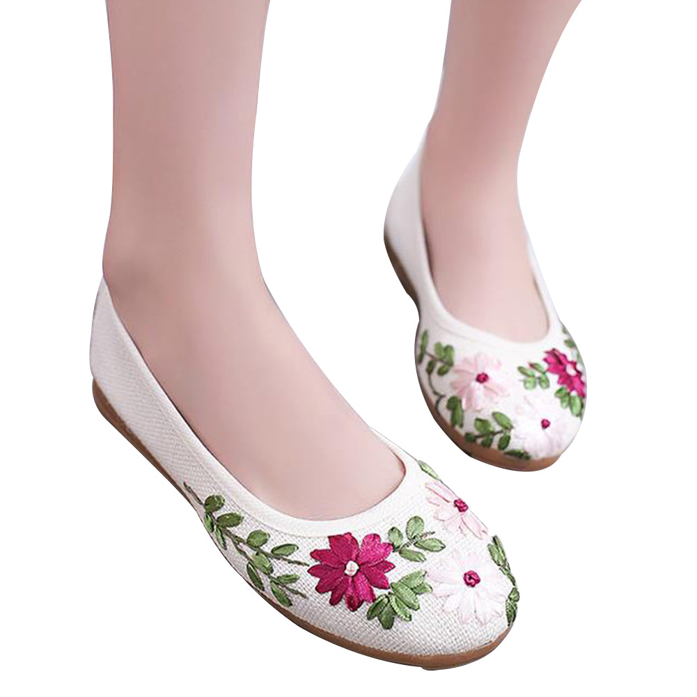 Women's Ethnic Embroidered Flower Soft Leisure Flats Heel Dancing Walking Shoes