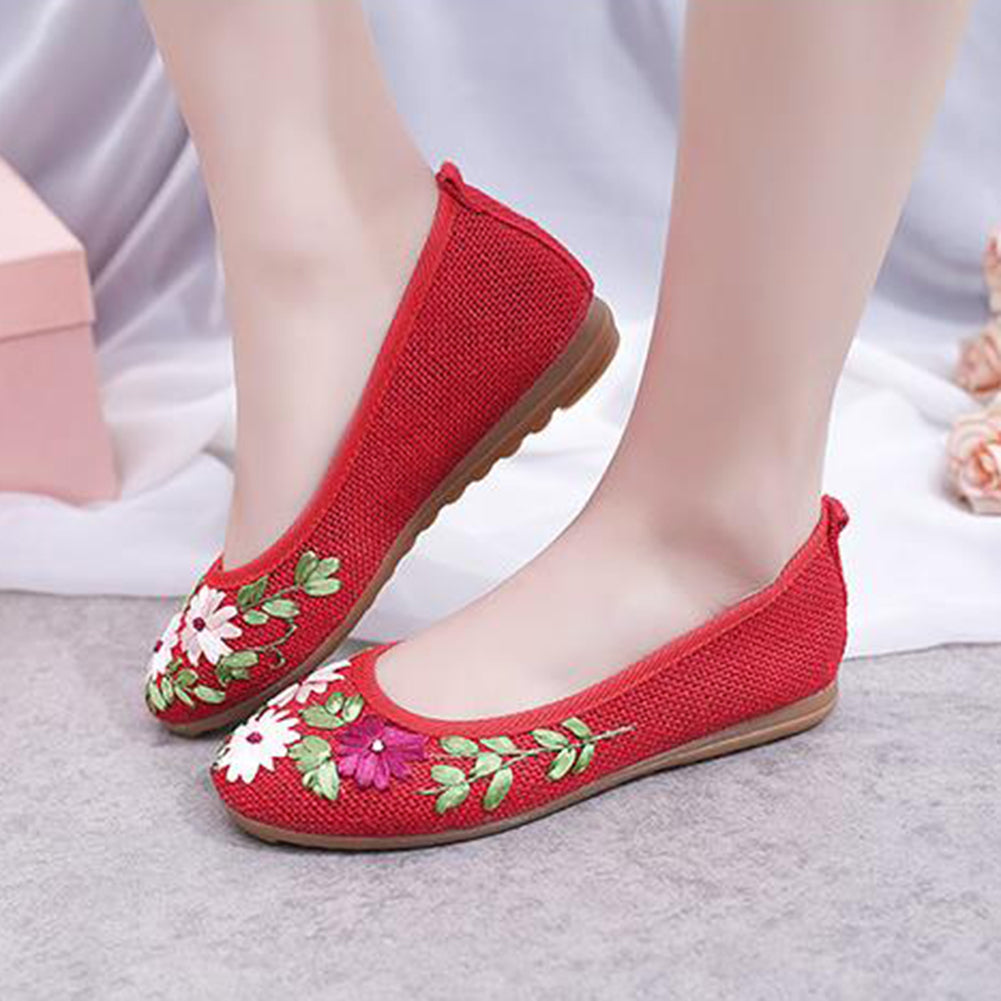 Women's Ethnic Embroidered Flower Soft Leisure Flats Heel Dancing Walking Shoes