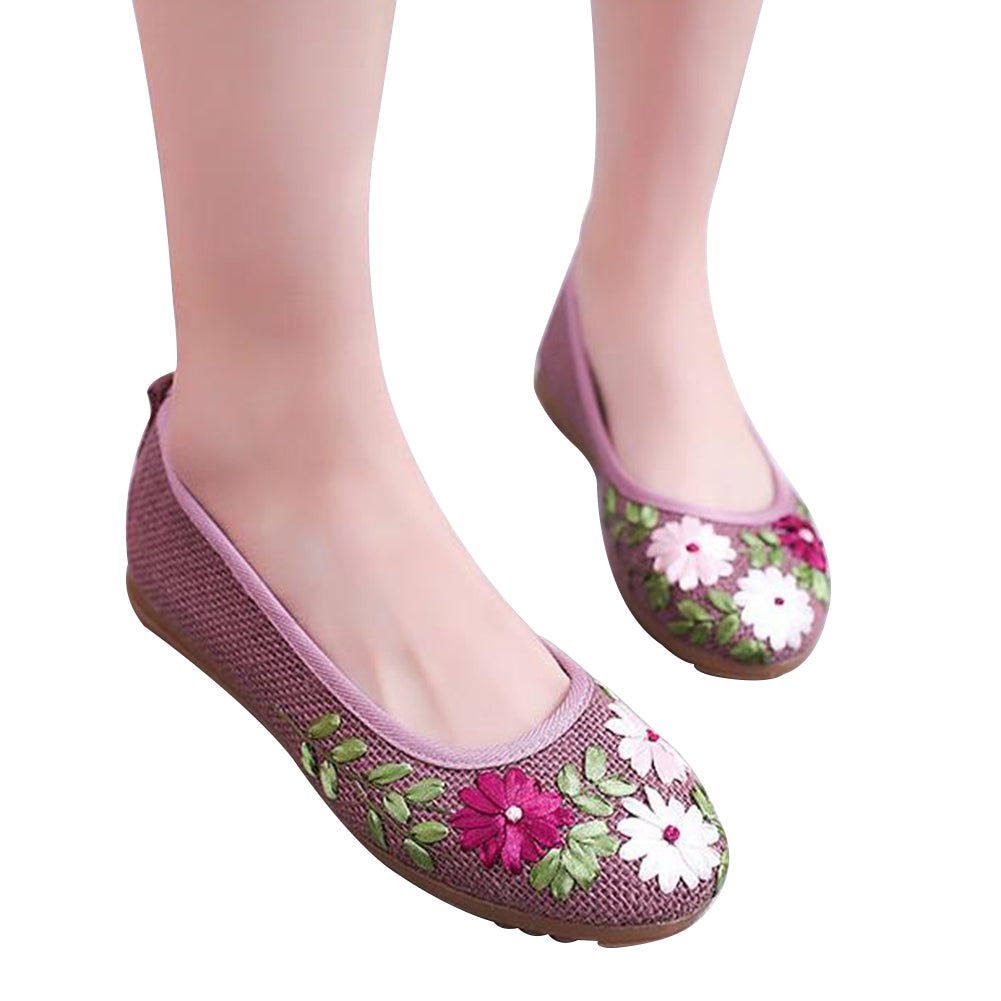 Women's Ethnic Embroidered Flower Soft Leisure Flats Heel Dancing Walking Shoes