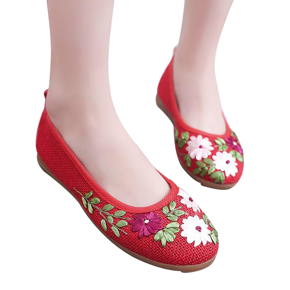 Women's Ethnic Embroidered Flower Soft Leisure Flats Heel Dancing Walking Shoes