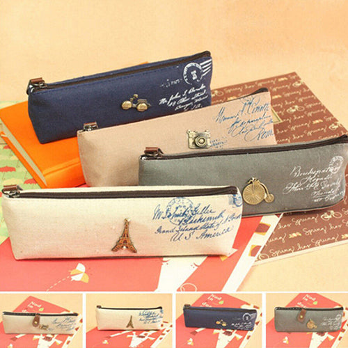 Vintage Eiffel Tower Canvas Stationery Pen Pencil Storage Pouch Makeup Bag