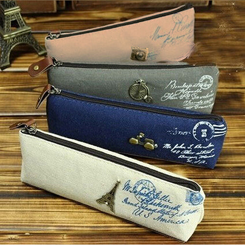 Vintage Eiffel Tower Canvas Stationery Pen Pencil Storage Pouch Makeup Bag