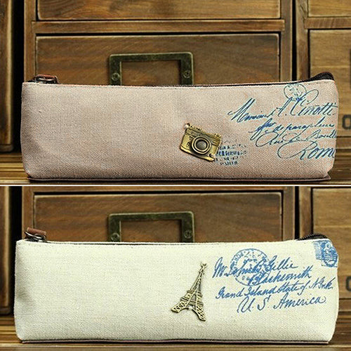 Vintage Eiffel Tower Canvas Stationery Pen Pencil Storage Pouch Makeup Bag
