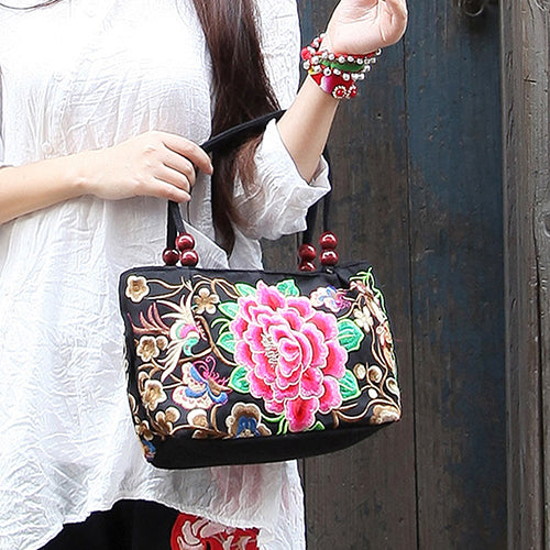 Double-Sided Canvas Flower Print Embroidery Ethnic Style Retro Handbag Small Bag