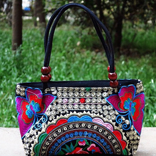 Double-Sided Canvas Flower Print Embroidery Ethnic Style Retro Handbag Small Bag