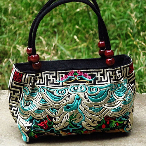 Double-Sided Canvas Flower Print Embroidery Ethnic Style Retro Handbag Small Bag