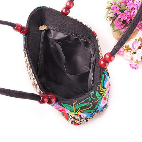 Double-Sided Canvas Flower Print Embroidery Ethnic Style Retro Handbag Small Bag