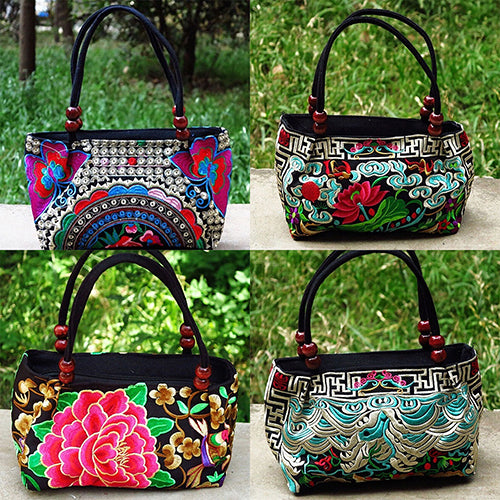 Double-Sided Canvas Flower Print Embroidery Ethnic Style Retro Handbag Small Bag