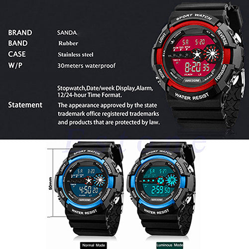 Men's LED Luminous Digital Date Alarm Waterproof Sports Quartz Wrist Watch