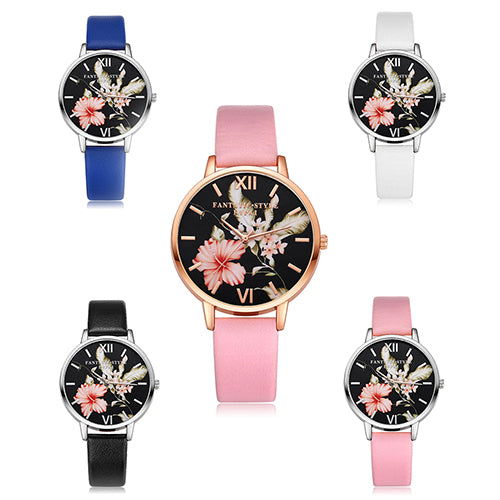 Lady Fashion Flower Dial Faux Leather Band Quartz Wrist Watch Student Wristwatch