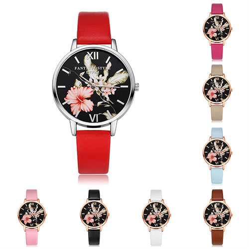 Lady Fashion Flower Dial Faux Leather Band Quartz Wrist Watch Student Wristwatch