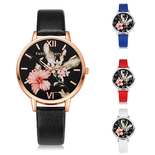 Lady Fashion Flower Dial Faux Leather Band Quartz Wrist Watch Student Wristwatch