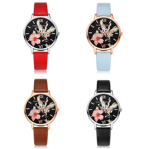 Lady Fashion Flower Dial Faux Leather Band Quartz Wrist Watch Student Wristwatch