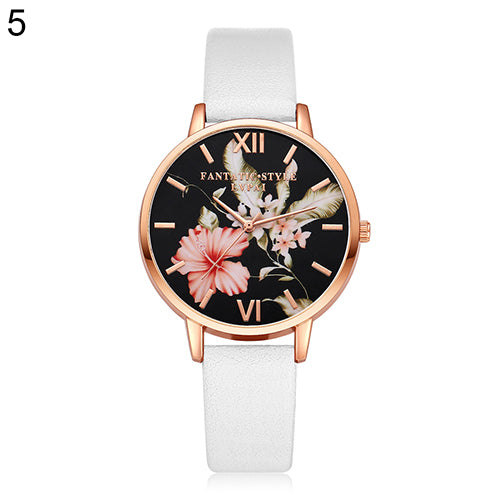 Lady Fashion Flower Dial Faux Leather Band Quartz Wrist Watch Student Wristwatch