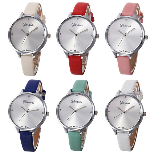 Women's Fashion Thin Faux Leather Strap Big Round Dial Geneva Quartz Wrist Watch