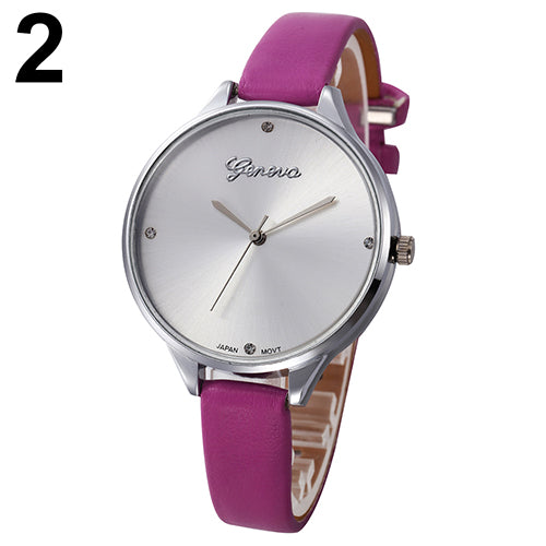 Women's Fashion Thin Faux Leather Strap Big Round Dial Geneva Quartz Wrist Watch