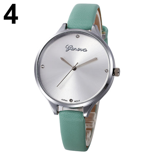 Women's Fashion Thin Faux Leather Strap Big Round Dial Geneva Quartz Wrist Watch