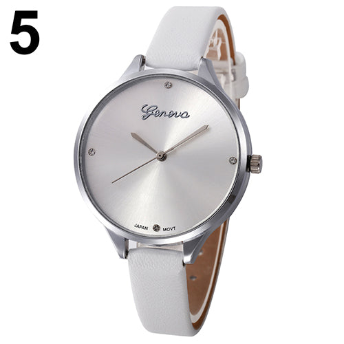 Women's Fashion Thin Faux Leather Strap Big Round Dial Geneva Quartz Wrist Watch