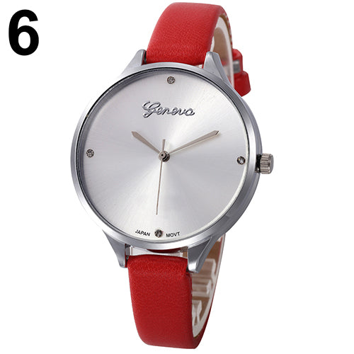 Women's Fashion Thin Faux Leather Strap Big Round Dial Geneva Quartz Wrist Watch