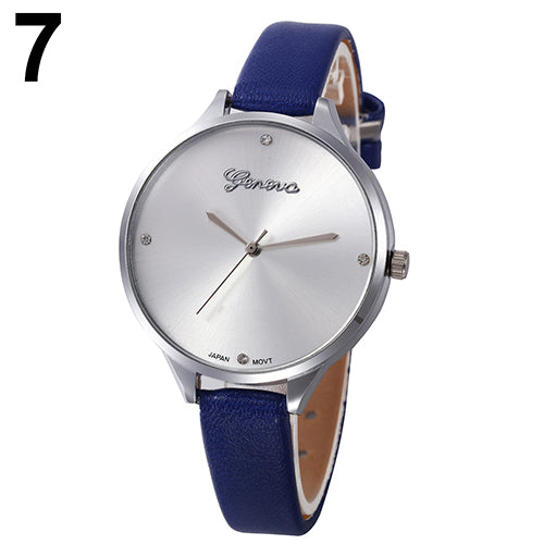 Women's Fashion Thin Faux Leather Strap Big Round Dial Geneva Quartz Wrist Watch