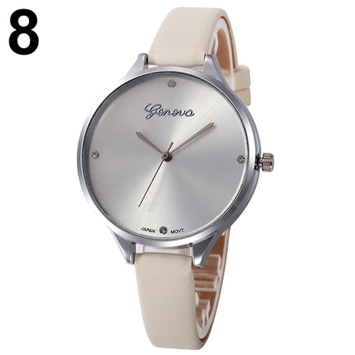 Women's Fashion Thin Faux Leather Strap Big Round Dial Geneva Quartz Wrist Watch