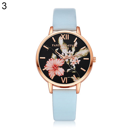Lady Fashion Flower Dial Faux Leather Band Quartz Wrist Watch Student Wristwatch
