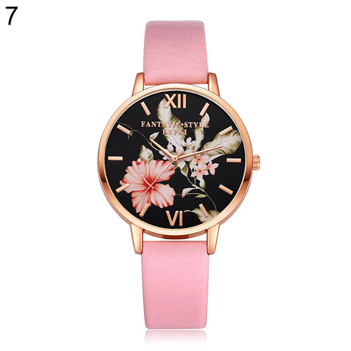 Lady Fashion Flower Dial Faux Leather Band Quartz Wrist Watch Student Wristwatch
