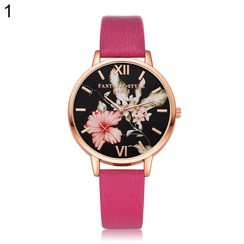 Lady Fashion Flower Dial Faux Leather Band Quartz Wrist Watch Student Wristwatch