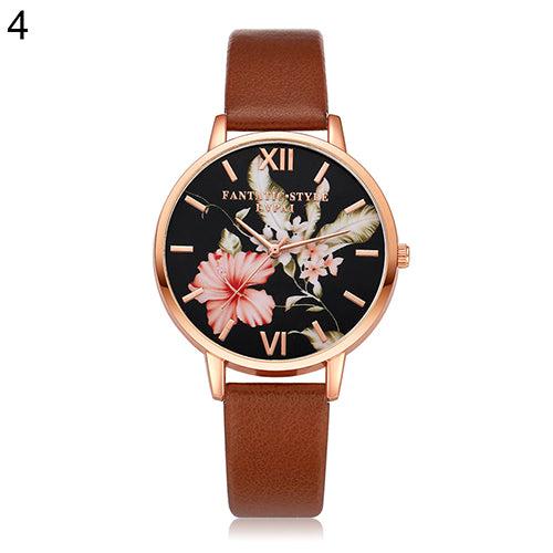 Lady Fashion Flower Dial Faux Leather Band Quartz Wrist Watch Student Wristwatch