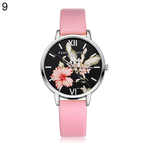 Lady Fashion Flower Dial Faux Leather Band Quartz Wrist Watch Student Wristwatch