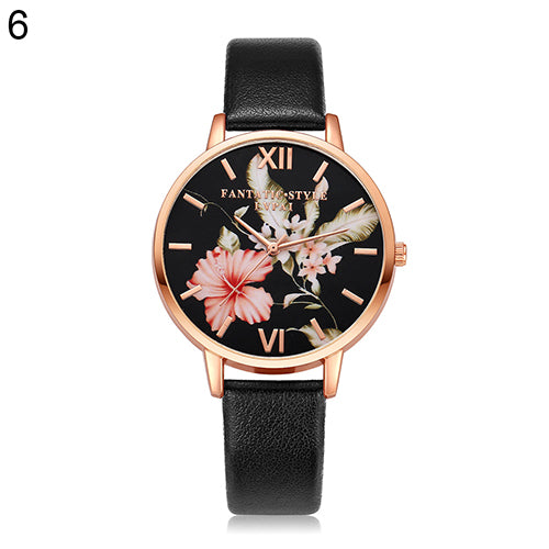 Lady Fashion Flower Dial Faux Leather Band Quartz Wrist Watch Student Wristwatch