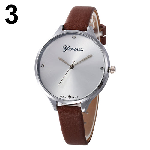 Women's Fashion Thin Faux Leather Strap Big Round Dial Geneva Quartz Wrist Watch