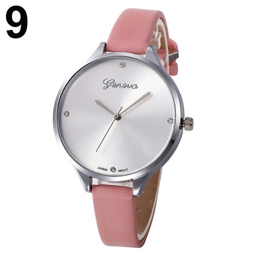 Women's Fashion Thin Faux Leather Strap Big Round Dial Geneva Quartz Wrist Watch