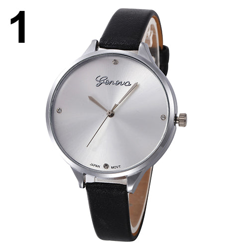 Women's Fashion Thin Faux Leather Strap Big Round Dial Geneva Quartz Wrist Watch